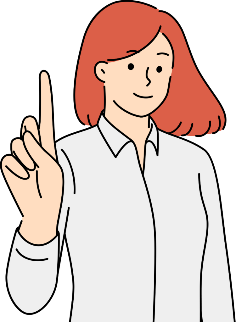 Image of a woman with red hair and dressed in a white shirt pointing and showing first finger