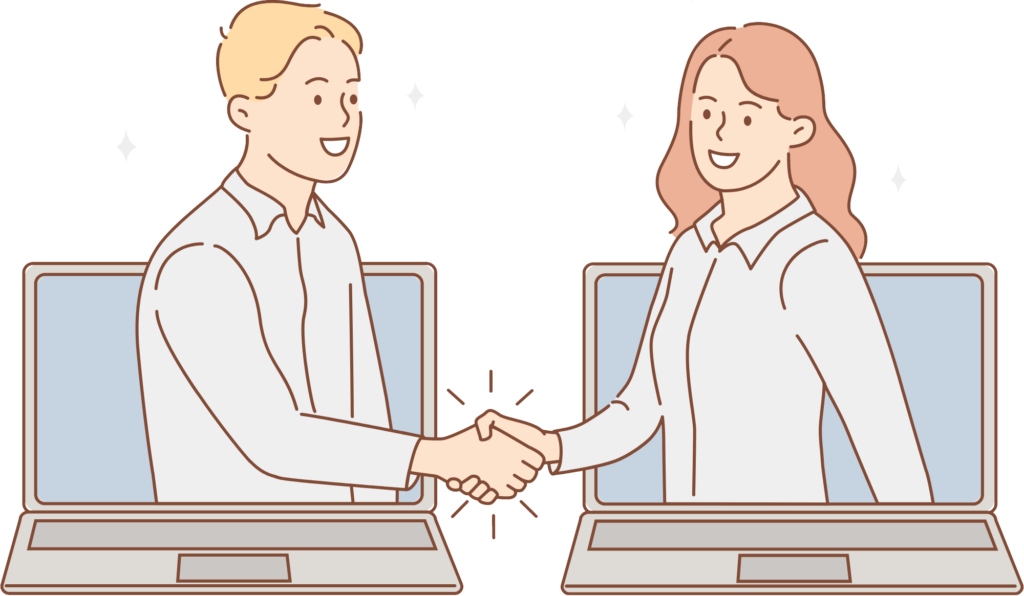 one man and a women coming out of the laptop screen and shaling hands