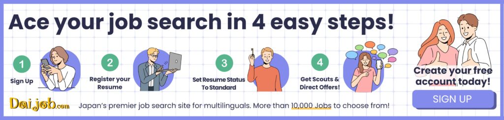 A visual guide outlining four steps to succeed in a job search: Sign Up Register your Resume Set Resume Status To Standard Get Scouts & Direct Offers Encourages users to create a free account and prompts them to "Sign Up" for interaction.