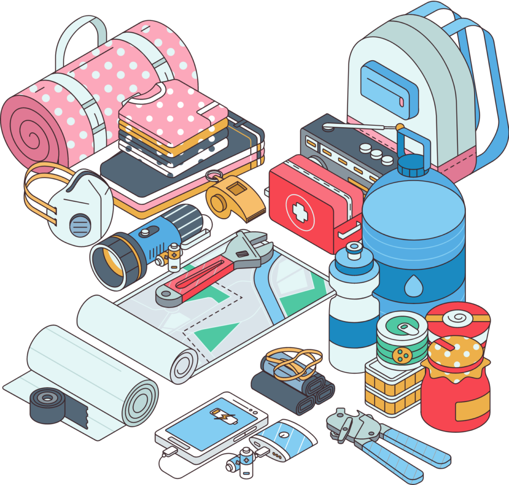 An image of a well-organized disaster preparedness or emergency kit, featuring essential supplies such as water bottles, non-perishable food items, a first aid kit, flashlight, batteries, and a blanket neatly arranged in a container. The kit looks well-prepared and ready for use during emergencies, symbolizing readiness and resilience in the face of unexpected events.