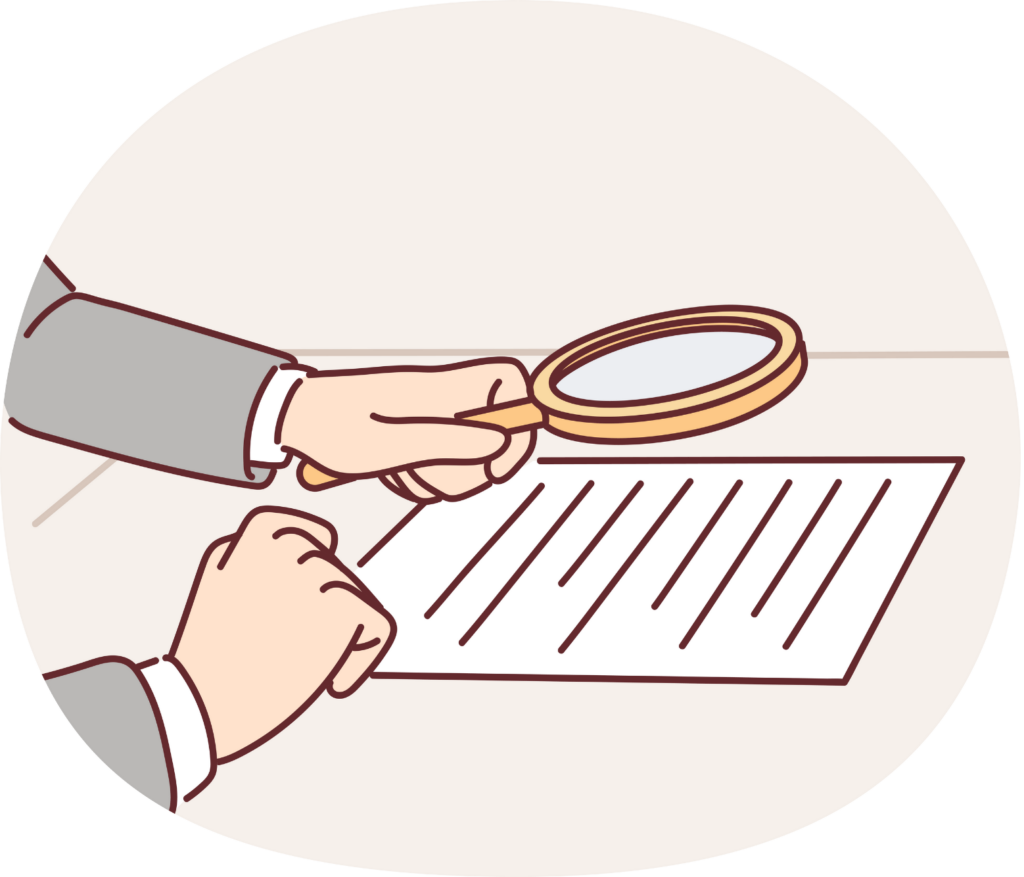 A person closely examining a document on a desk with a magnifying glass, symbolizing attention to detail and thoroughness in work-related tasks.