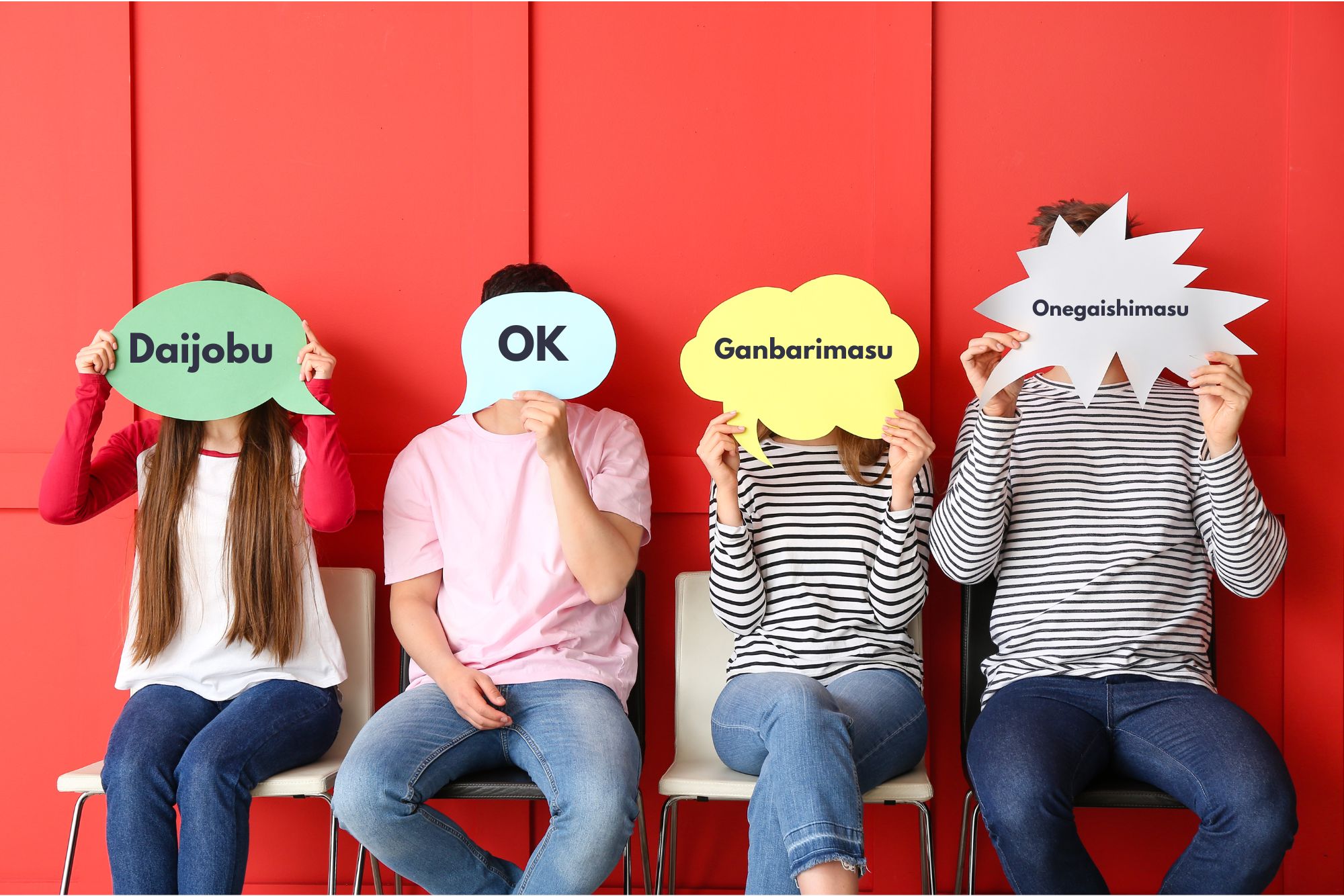 Chat buuble cards held by people over their faces