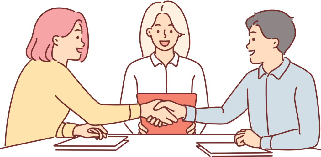 Three individuals engaged in a professional meeting: one person on the left holding a laptop, another in the middle with a document, and the third on the right shaking hands. The image represents collaboration, negotiation, and professionalism in a work environment.