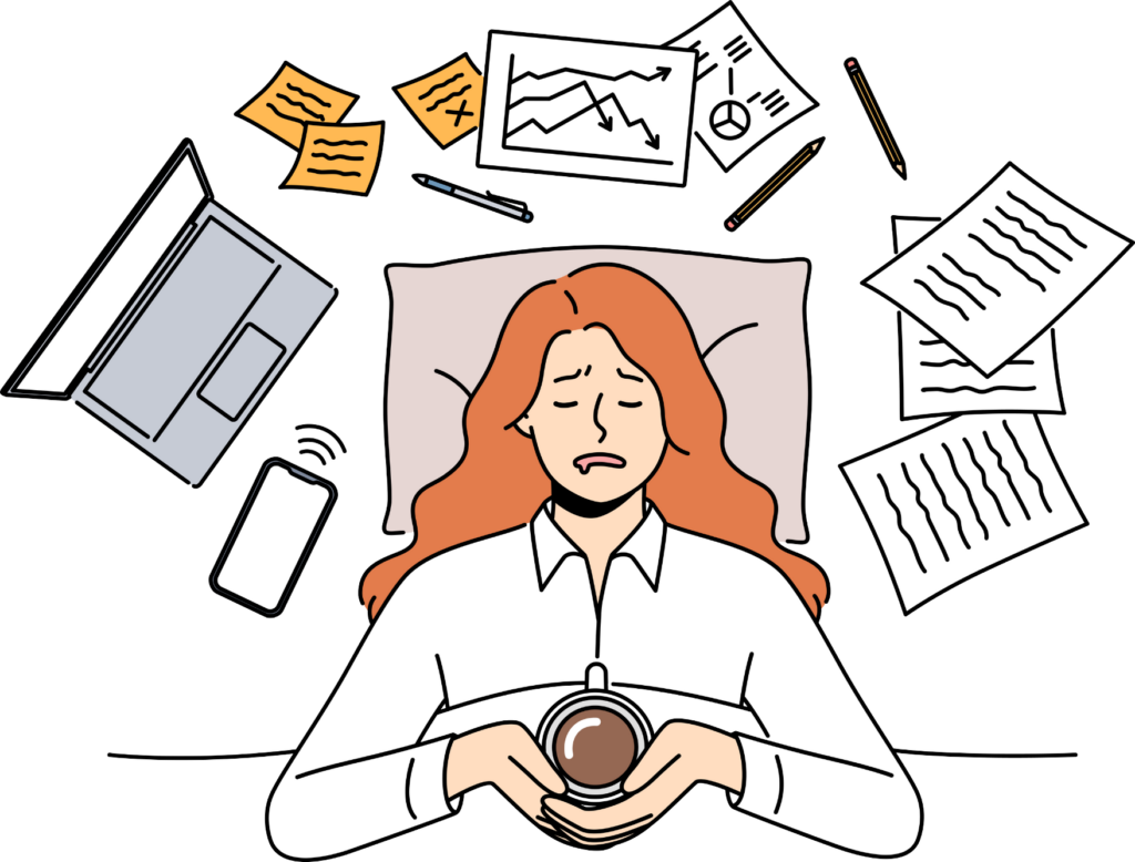 A woman surrounded by work items, looking exhausted or contemplative, emphasizing the need for breaks to manage workload effectively.