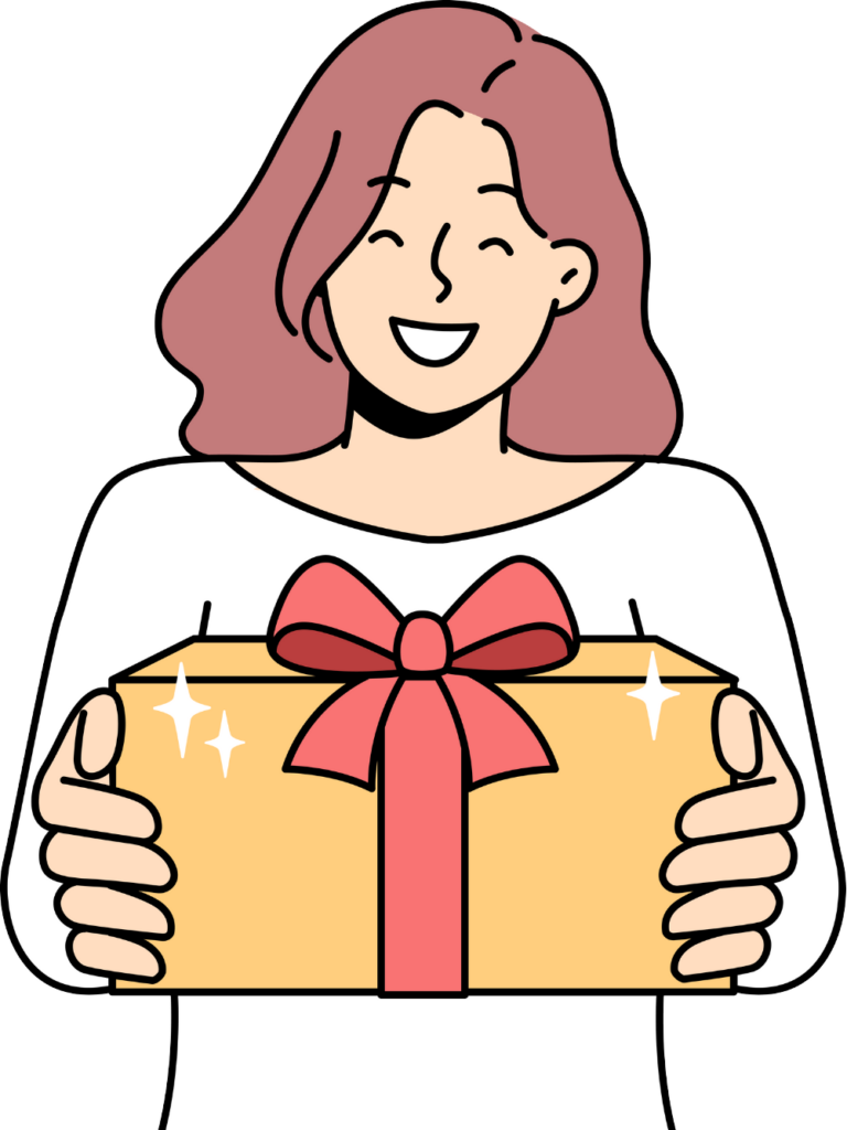 A woman holding a gift box wrapped in brown paper with a red ribbon.