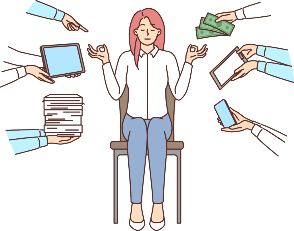 A woman surrounded by hands holding a laptop, documents, smartphone, and money gesture, symbolizing multitasking in a professional's life.