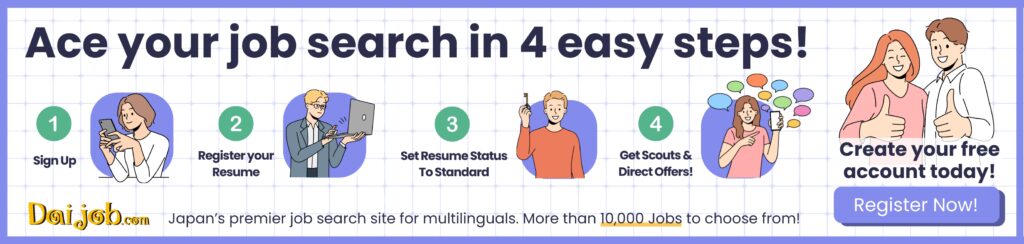 A visual guide outlining four steps to succeed in a job search: Sign Up Register your Resume Set Resume Status To Standard Get Scouts & Direct Offers Encourages users to create a free account and prompts them to "Register now" for interaction.