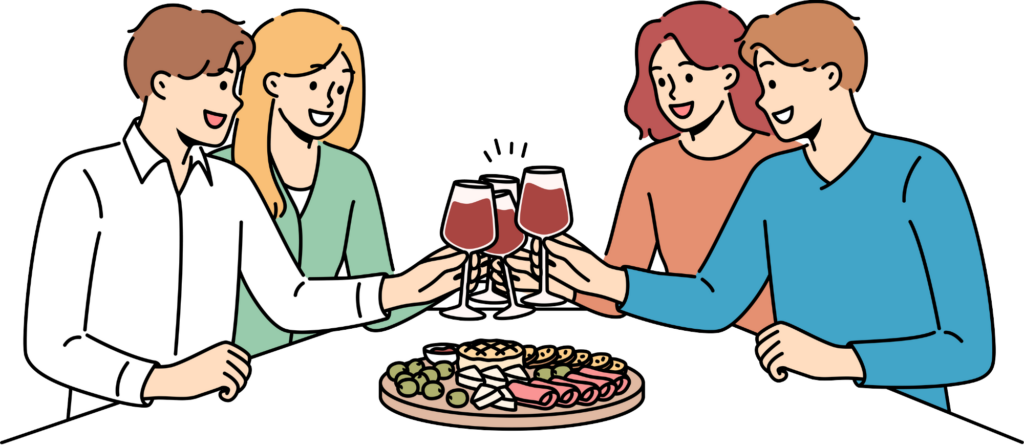 A group of people toasting with champagne glasses at a table covered with a festive spread of food, likely celebrating a New Year's Eve or similar celebration. The presence of a calendar indicating December 31 suggests the event is taking place on New Year's Eve. The joyful expressions on their faces and the act of clinking glasses signify a moment of celebration and camaraderie.