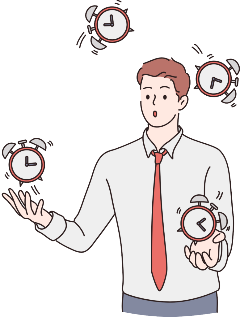 Man in necktie juggling four red alam clocks