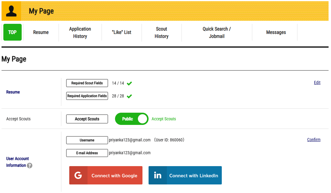 Daijob.com user profile page showing account settings, profile completion status, and options to connect with Google and LinkedIn.