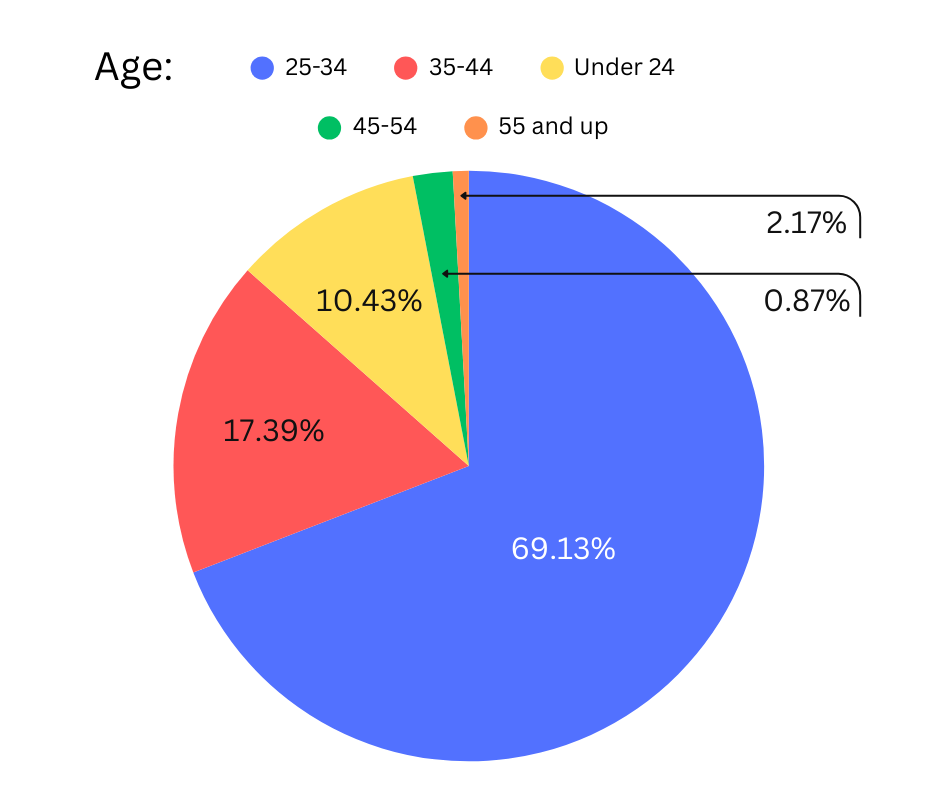 Daijob Career Fair: A pie chart showing the age distribution of participants, with the majority aged 25-34 (69.13%), followed by the 35-44 age group (17.39%), participants under 24 years old (10.43%), those aged 45-54 (2.17%), and individuals aged 55 and above (0.87%). The chart offers a visual breakdown of the age demographics of attendees at the event.