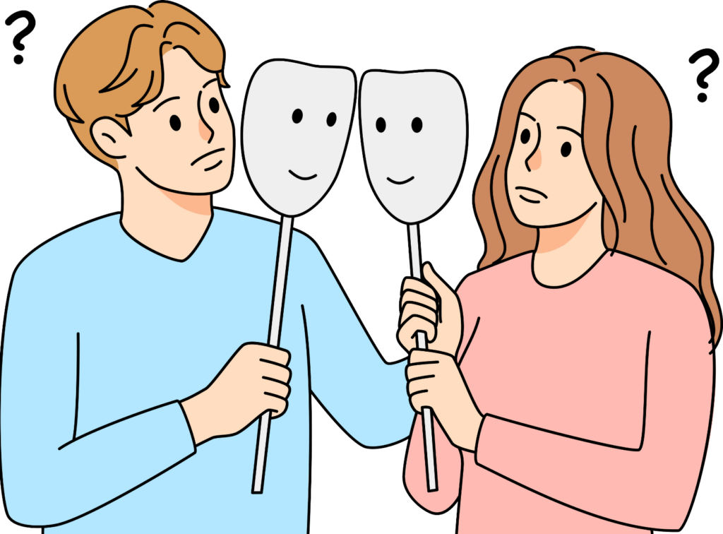 Two individuals, one in a blue shirt and the other in pink, holding sticks with smiley faces. Both have question marks above their heads, and the text "I'm sorry, but I can't do that" is written prominently in the image. The scene conveys a humorous take on the concept of refusing or declining something.