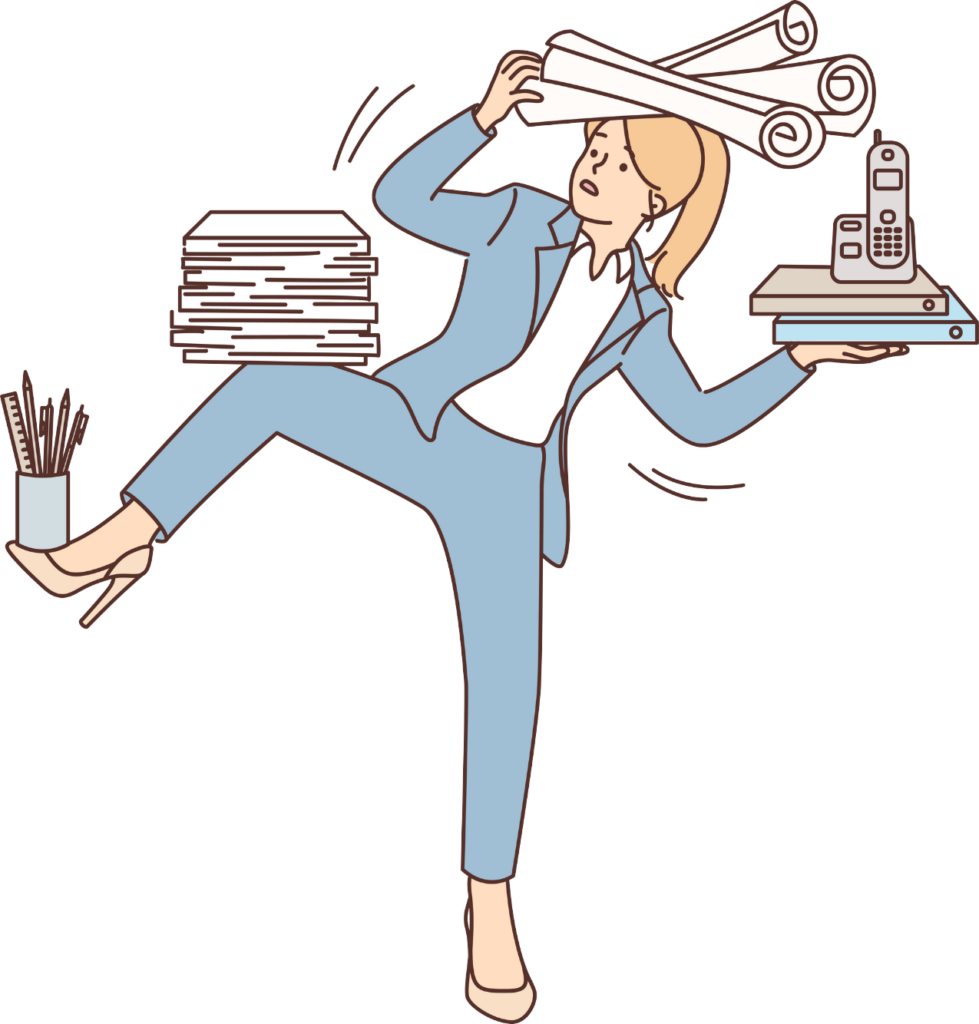 A woman in a blue outfit carrying a stack of books and a mobile phone on a tray, while holding a cup with pencils. The image conveys the concept of multitasking and managing various responsibilities efficiently.