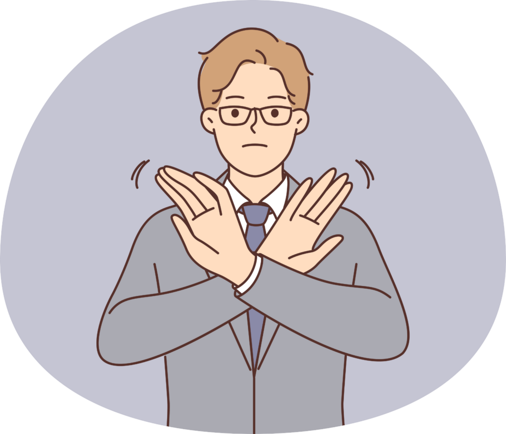 A man in a suit and glasses making a stopping gesture with his hands, his face showing a blank expression. The image suggests a sense of refusal or rejection, possibly indicating a negative response or denial of a request.