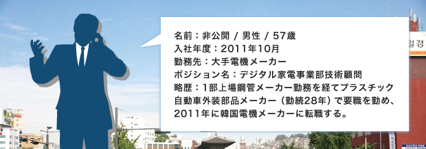 名前：非公開 / 男性 / 57歳
入社年度：2011年10月
勤務先：大手電機メーカー
ポジション名：デジタル家電事業部技術顧問
略歴：1部上場鋼管メーカー勤務を経てプラスチック
自動車外装部品メーカー（勤続28年）で要職を勤め、
2011年に韓国電機メーカーに転職する。